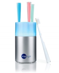 A quick rinse won't render your toothbrush completely clean. For healthy teeth, you'll need a healthy toothbrush ¿ that's where the Violight sanitizer comes in. Using proven germicidal ultraviolet technology, this stylish caddy kills 99.9% of germs on contact. One-year warranty. Model VIO100.