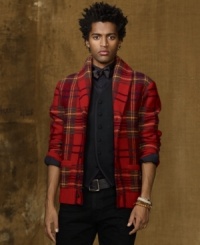 A classic masculine plaid lays the foundation for a shawl-collar cardigan in a hardy wool, designed for superior warmth and a rustic heritage look.