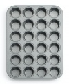 This 24-cup mini muffin pan yields mini bite-size morsels! Features include nonstick interiors and exteriors for easy cleaning, no-hassle food release and optimum baking performance. Reinforced nonstick surface also offers long-lasting durability. Constructed of aluminized steel to resist rusting. Rolled edges are reinforced with tinned steel wire for added strength. Oven safe to 450 degrees. Lifetime warranty.Model BW5024.