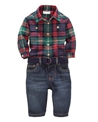 Rendered in touchably soft cotton, a classic jean and rugged plaid button-down exude timeless charm.