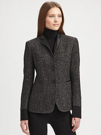 Contrast cuffs and collar add a modern edge to this tailored tweed jacket. Notched lapelsButton frontBanded cuffsWelt pocketsFaux leather trimAbout 27 from shoulder to hem91% wool/9% polyamideDry cleanImportedModel shown is 5'11 (180cm) wearing US size 4. 