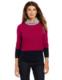 Magaschoni Women's 100% Cashmere Color Block Turtleneck Sweater, Boysenberry/Light Silver/Dark Navy, Small