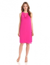 DKNYC Women's Sleeveless Dress With Draped Front And Chiffon Underlayer, Pink Tango, X-Large