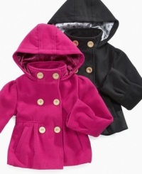 When the foul weather strikes, how do you keep her cute? Wrap her up in one of these warm wool pea coats from Dollhouse!