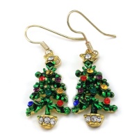 Happy Colorful Christmas Tree Hoop Dangle Earrings Gold Tone Xmas Jewelry