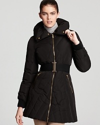 Shine all winter long thanks to the gold zipper hardware on this Clavin Klein belted coat. Switch up the collar to a stand collar by snapping it into place for a slightly different look!