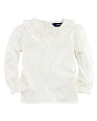 A lace-trimmed contrast collar and ruffle cuffs adorn a soft jersey tee.