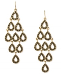 Teardrops make a big splash in this set of chandelier earrings from Kenneth Cole New York. Crafted from gold-tone mixed metal, the pair sparkles with black pave glass crystal accents. Approximate drop: 3-1/4 inches.