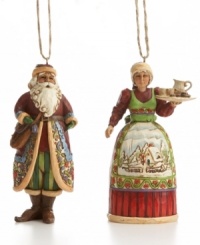 Make room for the guests of honor, Santa and Mrs. Claus! Hand-painted in deep holiday reds and tree greens, these Christmas ornaments boast incredible detail and craftsmanship. The duos' elaborate coat and apron stand out beautifully on your tree.