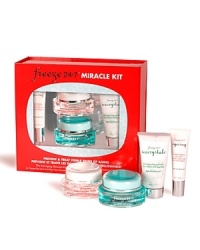 An anti-aging kit that gives you flawless, age-less looking skin, delivering Instant Gratification with long-term results. Kit Contains: Instant Targeted Wrinkle Treatment 10ml, Eyecing 10ml, Ice Cream Double Scoop 15ml and IceCrystals 30g.Works Miracles On: fine lines, wrinkles, laugh lines, furrowed brows, crow's feet, dark circles, uneven skin tone, lifeless dull skin, dehydrated skin and lip lines.Start: Take it all off, literally, skin feels smooth & looks radiant. IceCrystals™ Anti-Aging Prep & Polish to resurface & retexture the skin to prep for maximum absorption of all skincare products.Follow: Say goodbye lines & wrinkles Instant Targeted Wrinkle Treatment, a clinically proven dream cream that delivers a 50-90% reduction in the visible appearance of fine lines & wrinkles within minutes.Next: Get a wake-up call for tired eyes Eyecing™ Fatigue Fighting Eye Cream powered with Hydroptix-171 Youth Boosting Complex, a proprietary, time-released formula that nourishes, heals & boosts hydration.Finish: Double your pleasure with immediate hydration & long-term gratification IceCream Double Scoop™ Intensive Anti-Aging Moisturizer, a high-tech, super-charged skincare cocktail that takes the moisturizing experience to the next level by preserving optimal skin elasticity & immediately smoothing fine lines & wrinkles.