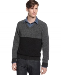 This season is all about color blocking and this two tone Kenneth Cole sweater will keep you trendy and toasty.