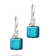 Sterling Silver Dichroic Glass Blue-Green Box-Shaped Bead Earrings