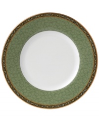 Deep blues and vibrant yellows combine with exotic florals to form a pattern that is rich in color and design. The exquisite detail and simple shape of this accent plate (shown middle) make this bone china collection ideal for any occasion.