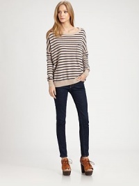 Finished with dropped shoulders and a slouchy shape, this cashmere boatneck has allover stripes that pair perfectly with your favorite skinny jeans. BoatneckDropped shouldersLong sleevesSingle front patch pocketRibbed cuffs and hemCashmereDry cleanImportedModel shown is 5'10 (177cm) wearing US size Small. Additional Information Women's Premier Designer & Contemporary Size Guide 