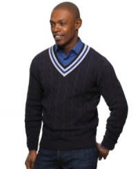 Dress up a simple button-up with this lightweight cable-knit sweater from Argyle Culture.