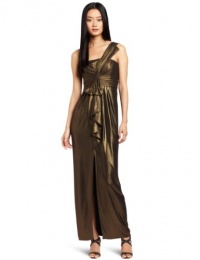 BCBGMAXAZRIA Women's Barbara One Shoulder Long Dress, Gold/Black, 12