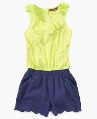 With colorblock design and ruffle detail, this airy romper by Epic Threads has flair and grace.