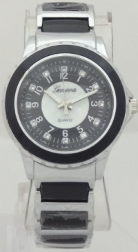 Geneva Quartz Chronograph-style Look Rhinestone on Diall Silver N Black Band