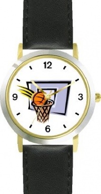 Basketball, Hoop, Backboard, Swish Basketball Theme - WATCHBUDDY® DELUXE TWO-TONE THEME WATCH - Arabic Numbers - Black Leather Strap-Size-Large ( Men's Size or Jumbo Women's Size )