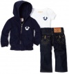 True Religion Baby-Boys Infant Classic Puff Logo Three Piece Gift Box Set, Dark Navy, 6-12 Months