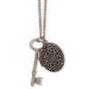 ZAD Vintage Look Large Key and Oval Filigree Cutout Locket Charm Necklace on Long 34 Linked Antique Silver Tone Chain