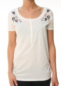 Lucky Brand Women's Embroidered Half Button Down SS Blouse White