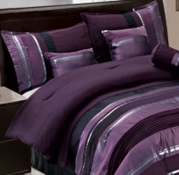 7 PC Modern PURPLE BLACK SILVER Chenille Comforter Set / BED IN A BAG - KING SIZE BEDDING