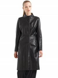 THE LOOKStand collarConcealed snap closureDual besom pocketsLong sleevesFront and back Princess seamsVent in back hemTHE FITAbout 39½ from shoulder to hemTHE MATERIALLeatherWool liningCARE & ORIGINDry cleanMade in ItalyModel shown is 5'10½ (179cm) wearing US size 4. 