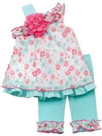 Rare Editions Baby-Girls Aqua Pink Flower 1-Shoulder Capri Set 3M (E664253)