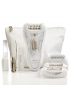 Without a hair in the world! Designed with a wide head, pivoting cap and uniquely textured ceramic discs, this epilator removes even the finest hair with a more-than-gentle touch that follows your every contour and curve, plus the vibrate and hair-lift system catches flat-lying hairs, while also stimulating the skin. Also including a shaver head, illuminated tweezer, trimming comb and more, this set takes care of hair from head to toe. Model HP6576.