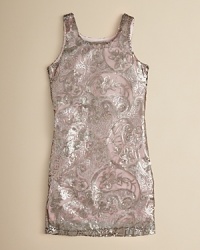 Sparkling sequins perfectly play off a blush-colored underlay on this prettily chic tank dress from Elisa B.