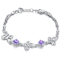 925 Sterling Silver Plated Link Bracelet with Open Butterfly Charm and Purple Cubic Zirconia Crystal