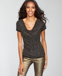 INC's petite cowlneck top is decked out to dazzle with a fully sequined front and flattering fit.