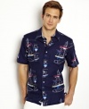 Set sail. Keep your cool casual style afloat with this graphic shirt from Nautica.