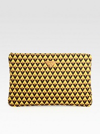 Nylon jacquard flat clutch.Back handle, 1 dropTop zip closureOne inside zip pocketTwo inside open pocketsSignature jacquard lining14W X 8¾H X 1½DMade in Italy