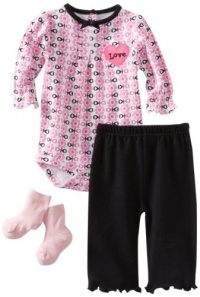 Bon Bebe Baby-girls Newborn 3 Piece Pant Set With Heart Shaped Satin Applique, Pink/White/Black, 3-6 Months