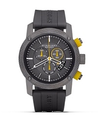 Looking for a watch that marks more than time? Burberry offers a cool gray rubber strap and modern steel watchface with textured trim.