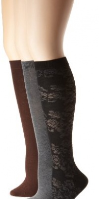 Nine West Women's Floral Textured and Solid Flat Knit 3 Pair Pack Knee High Sock