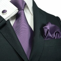 LANDISUN 63H SOLID DARK PURPLE SILK SET:TIE+HANKY+CUFFLINKS