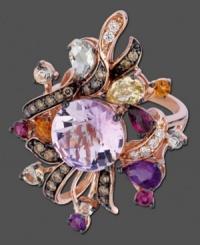 Bursting with spring fever, this Le Vian ring adds life to any look. Crafted in 14k rose gold with round-cut chocolate diamond (3/8 ct. t.w.), round-cut white diamond (1/10 ct. t.w.), round-cut pink amethyst (4 ct. t.w.), pear-cut rhodolite (1/4 ct. t.w.), pear-cut citrine (1/6 ct. t.w.), and multicolored semiprecious gemstones (1-4/5 ct. t.w.). Size 7.