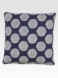 A print of lacy medallions takes a new view of tradition, in a hand-block print with hand-stitched edging.Hidden zip closure20 X 20Linen/cottonMachine washImported