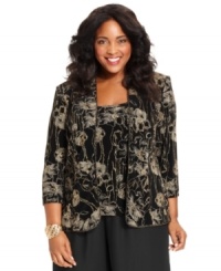 Top your dress pants with this plus size jacket and top set from Alex Evenings, featuring a radiant gold metallic floral motif.