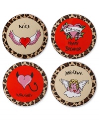 Who's naughty or nice? This ceramic coaster set from Betsey Johnson fits both personalities. Each coaster has leopard trim along the edge for a wild touch, whether you're feeling good or bad. Items come packaged in a signature Betsey Johnson Gift Box. Approximate diameter: 3-1/2 inches.