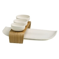 Five piece set includes: one wooden bridge, one- 19.5 serving dish, three - 5 individual bowls.