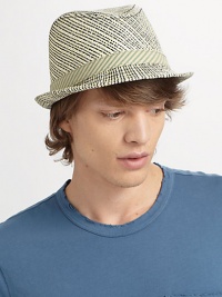 A contemporary spin on an iconic favorite, woven from an exquisite paper/cotton blend with check pattern and a subtly striped band.Brim, 1 W Fully lined 72% paper/28% cotton Imported