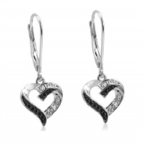 Black and White Diamond Heart Lever-Back Earrings in Sterling Silver