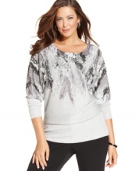 Let your style soar this season with Alfani's plus size sweater, featuring a feather-print.