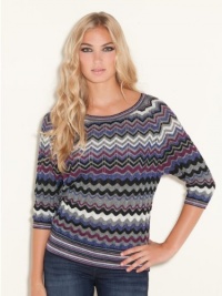 GUESS Three-Quarter Sleeve Zig-Zag Dolman Swea, JET BLACK MULTI (SMALL)