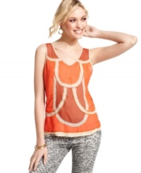 Fashion meets art on this top from XOXO, where wooden beads accent a vibrant, two-tone panel design!