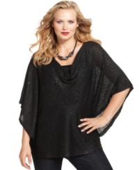 A sweater like none other, from Alfani. This plus size poncho mixes a sultry, sheer knit with sparkling sequins for maximum wow! effect.